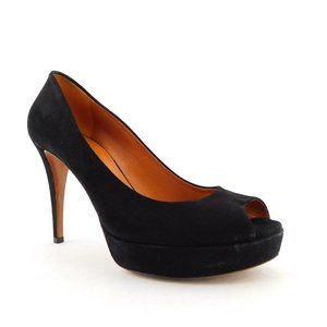 GUCCI Black Suede Leather Peep Toe Platform Heel Pumps 38.5
